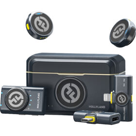 A black case with microphones and adapters