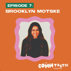 An image of a woman in a bright orange background with the Commtastic logo.