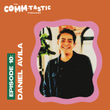 An image of a man in a bright orange background with the Commtastic logo.