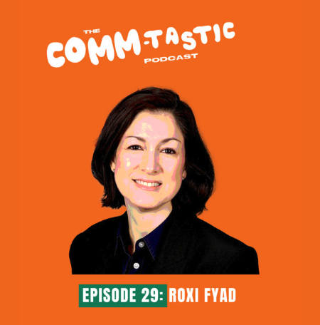 An image of a woman in an orange background with the commtastic logo.