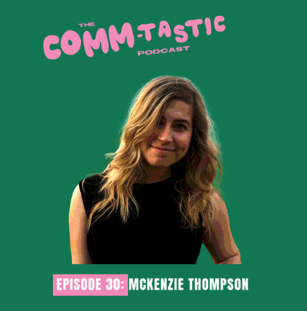 An image of a woman in a green background with the commtastic logo.