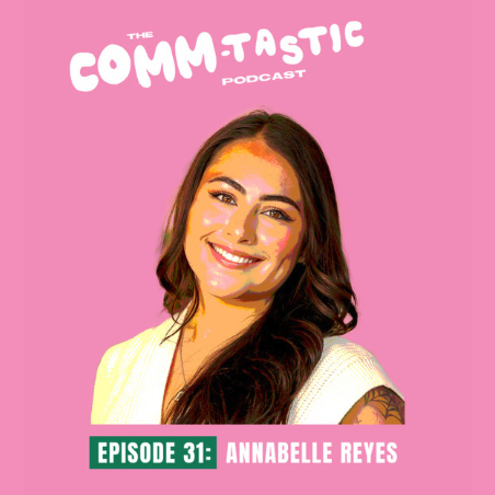 An image of a woman in a pink background with the commtastic logo.